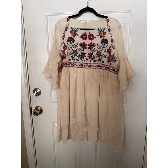 Umgee Dress Womens 1XL Boho Bliss Embroidered Flared Sleeve Mini Babydoll Cream - Picture 3 of 6